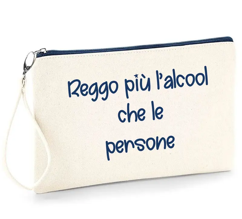 Pochette in cotone  beige zip Navy Frase divertente idea regalo “Alcool”