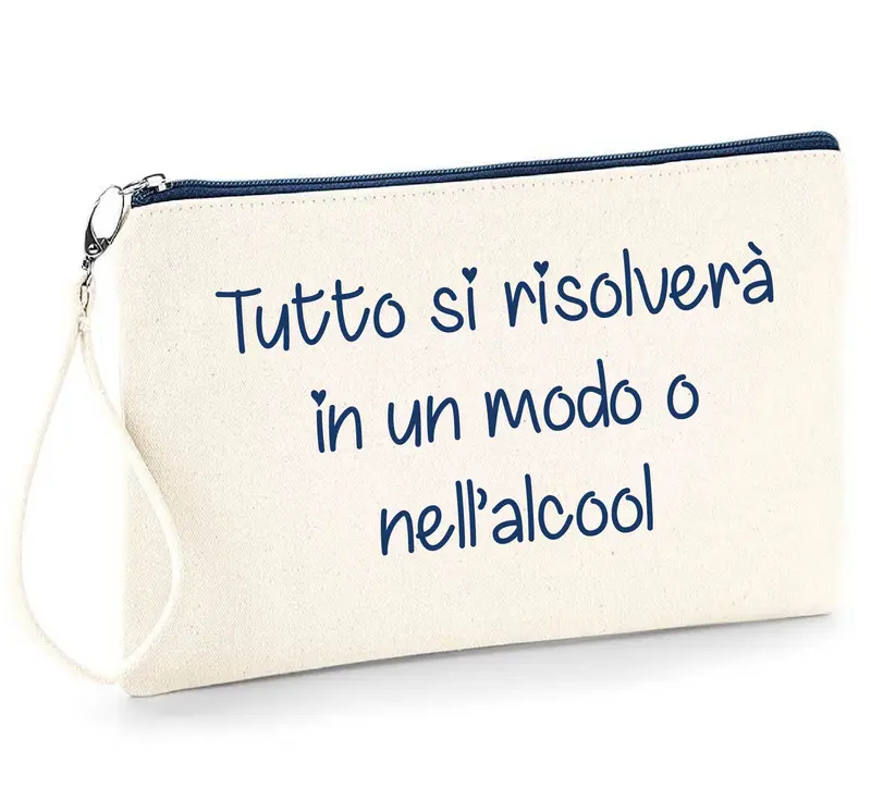 Pochette in cotone  beige zip navy Frase divertente idea regalo “Tutto si Risolverà”