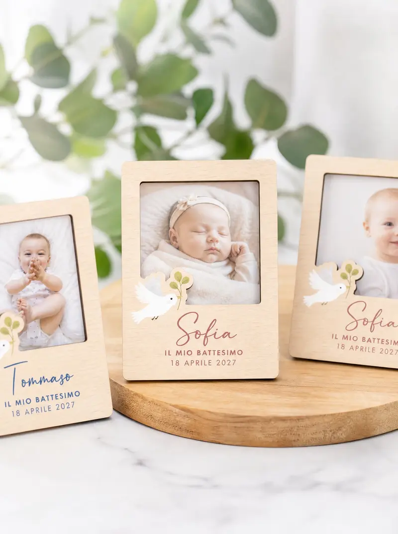 Portafoto Battesimo in Legno con Colomba, Personalizzato