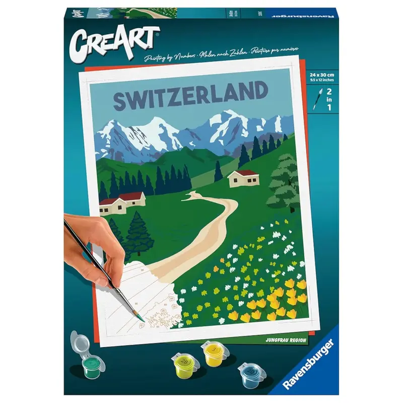 Ravensburger CreArt Svizzera, Kit per Dipingere con i Numeri, Contiene Tavola Prestampata 24x30 cm, Pennello, Colori e Accessori