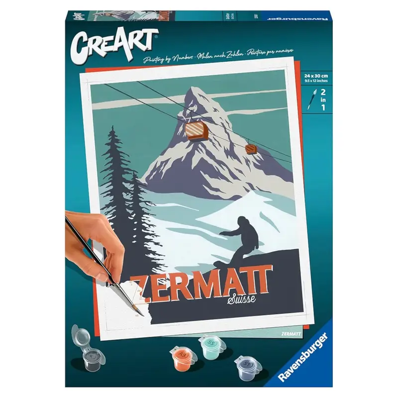 Ravensburger CreArt Zermatt in Svizzera Kit per Dipingere con i Numeri Contiene Tavola Prestampata 24x30 cm, Pennello, Colori e Accessori