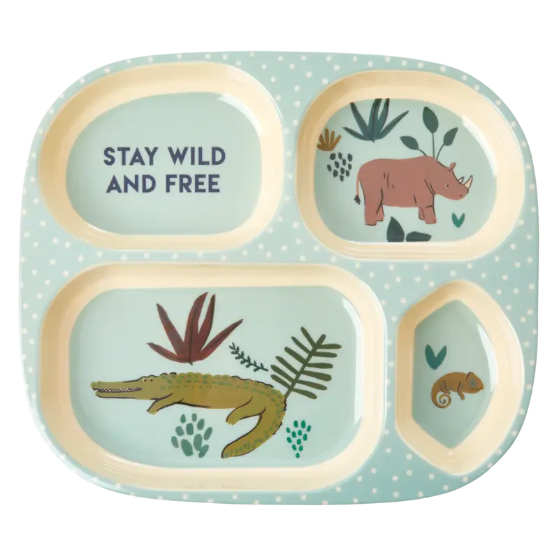 RICE Piatto Bambini 4 Scomparti in Melamina – Soft Blue Jungle Print