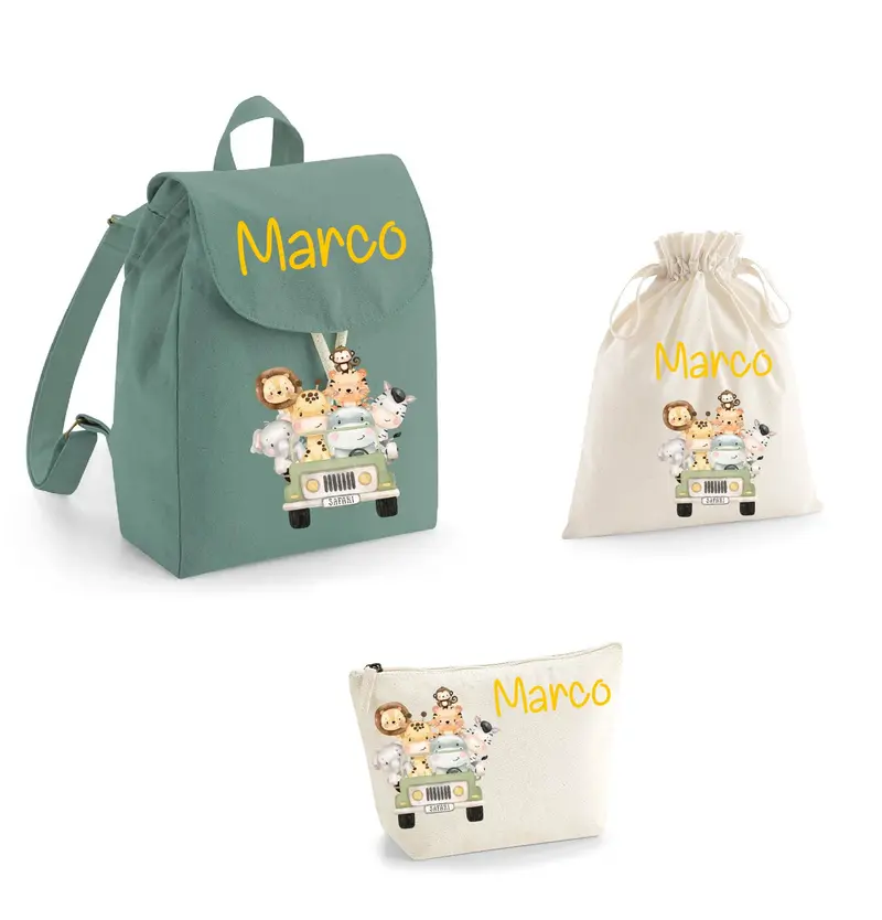 Set Asilo Bambino Personalizzato – Zaino, Sacchetto e Beauty Safari Verde