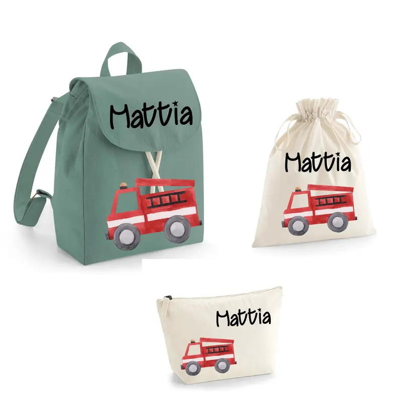 Set Asilo Completo Personalizzato – Mini Zaino, Sacchetto e Beauty Bambino Camion Pompieri