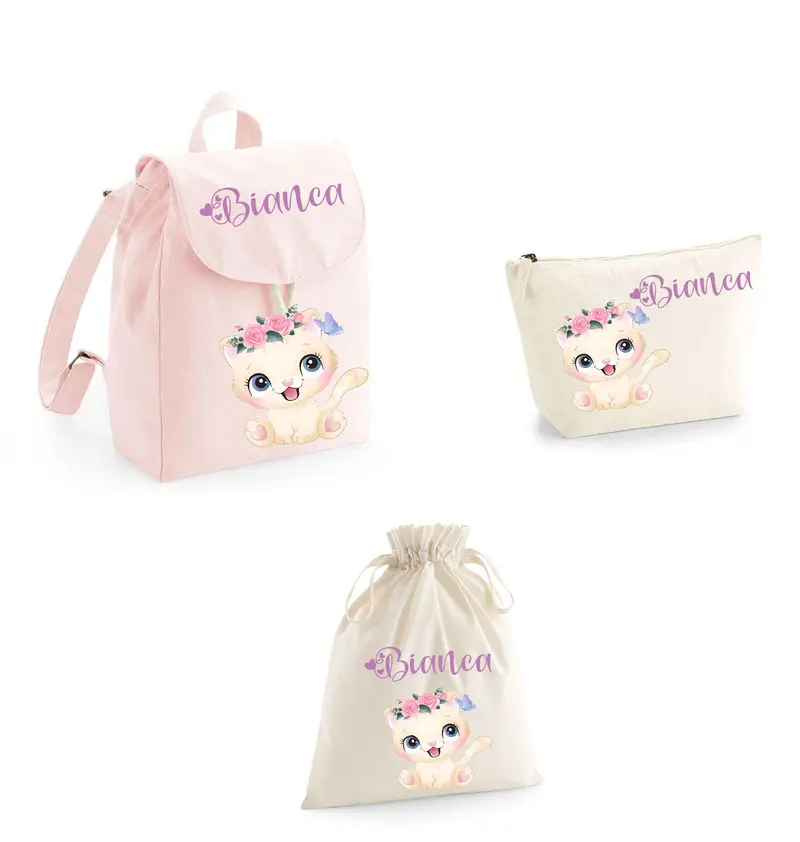 Set Asilo Completo Personalizzato – Mini Zaino, Sacchetto e Beauty Bambino Gattina