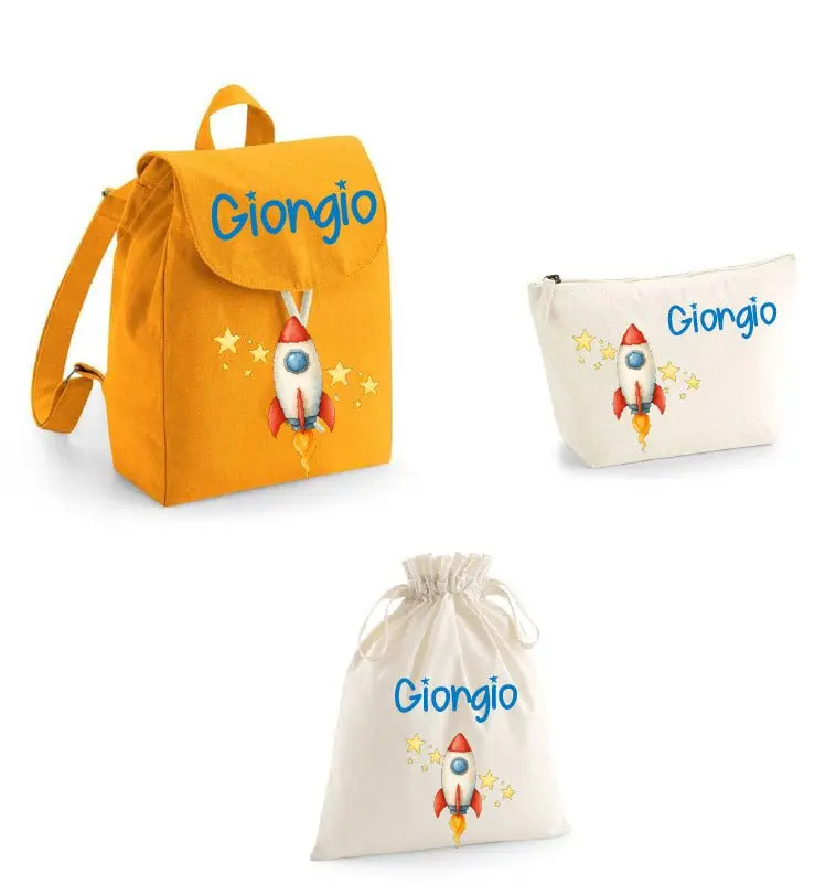Set Asilo Completo Personalizzato – Mini Zaino, Sacchetto e Beauty Bambino Razzo