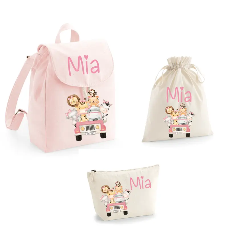 Set Asilo Completo Personalizzato – Mini Zaino, Sacchetto e Beauty Bambino Safari Rosa