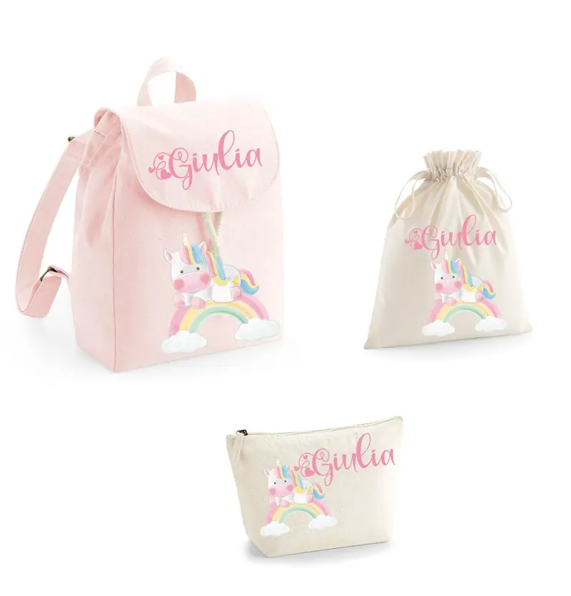 Set Asilo Completo Personalizzato – Mini Zaino, Sacchetto e Beauty Bambino Unicorno Arcobaleno