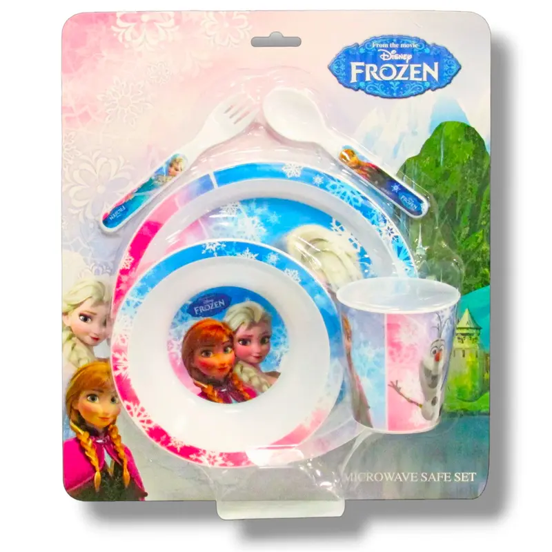 Set di stoviglie Frozen 5 pezzi in plastica adatta al microonde Piatto, ciotola, tazza, posate