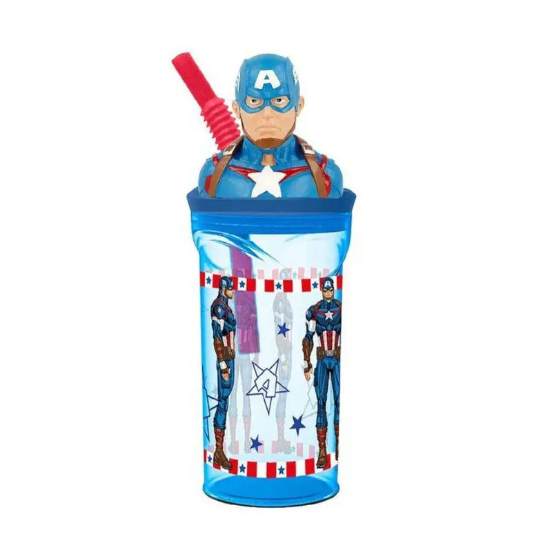 Stor Bicchiere Marvel Capitan America In Plastica 360 ml Cannuccia e Tappo 3D