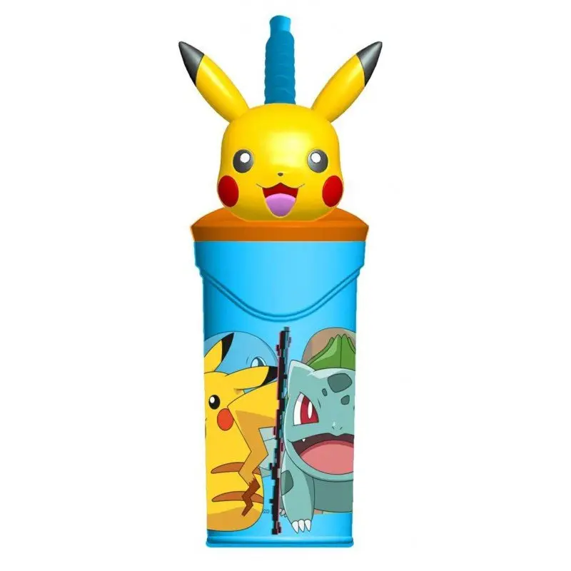 Stor Bicchiere Pokémon In Plastica 360 ml Cannuccia Celeste e Tappo 3D 08066