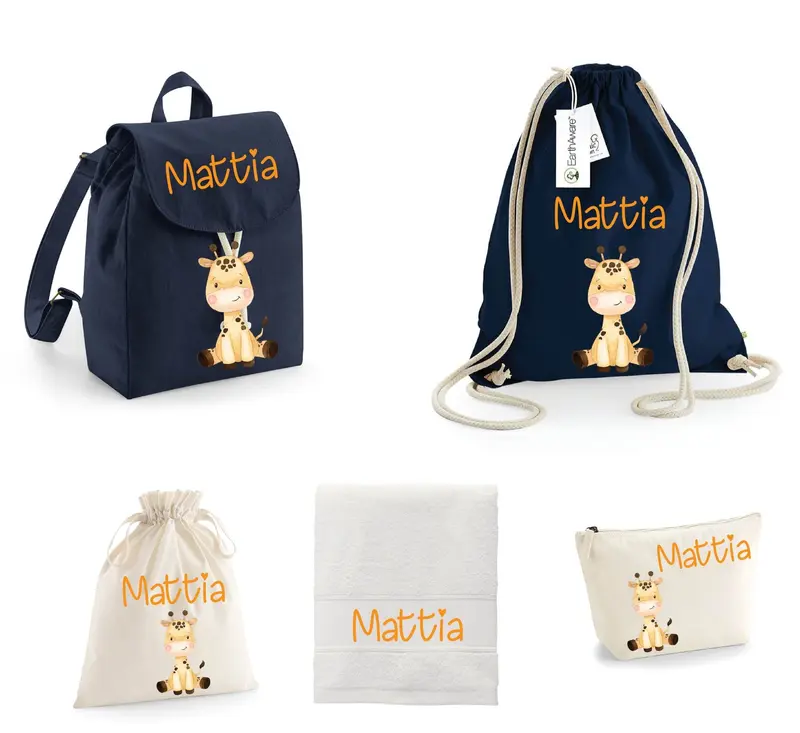 SUPER Set Asilo Completo Personalizzato – Mini Zaino, Sacchetto Beauty Bambino Cucciolo di Giraffa
