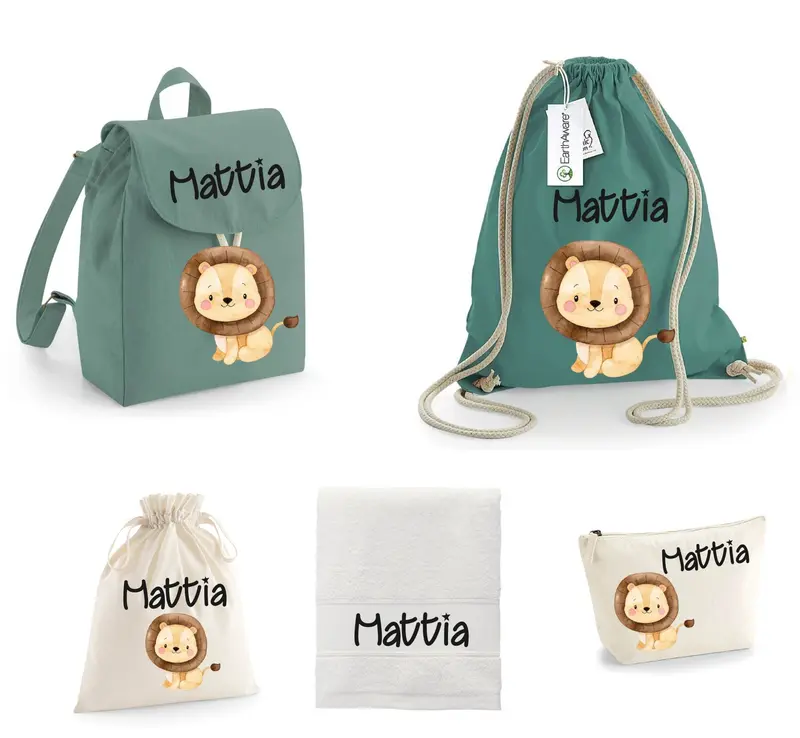 SUPER Set Asilo Completo Personalizzato – Mini Zaino, Sacchetto Beauty Bambino Leone Cucciolo