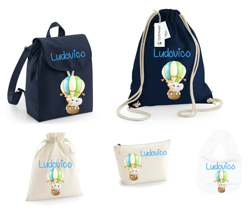 SUPER Set Asilo Completo Personalizzato – Mini Zaino, Sacchetto Beauty Bambino Mongolfiera