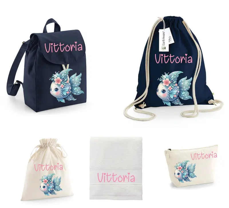 SUPER Set Asilo Completo Personalizzato – Mini Zaino, Sacchetto Beauty Bambino Pesciolina Azzurra