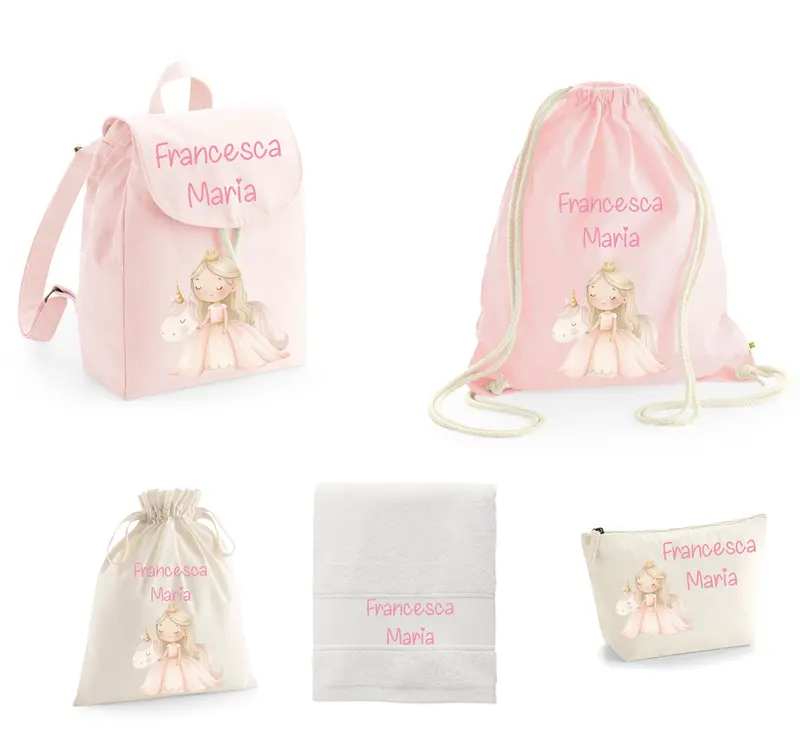 SUPER Set Asilo Completo Personalizzato – Mini Zaino, Sacchetto Beauty Bambino Principessa Unicorno