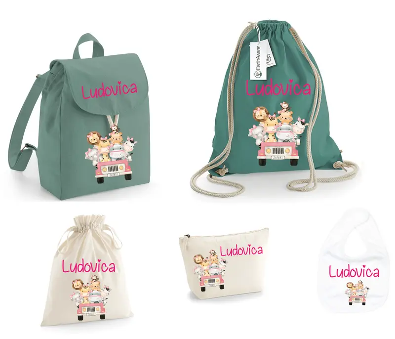 SUPER Set Asilo Completo Personalizzato – Mini Zaino, Sacchetto Beauty Bambino Safari Rosa