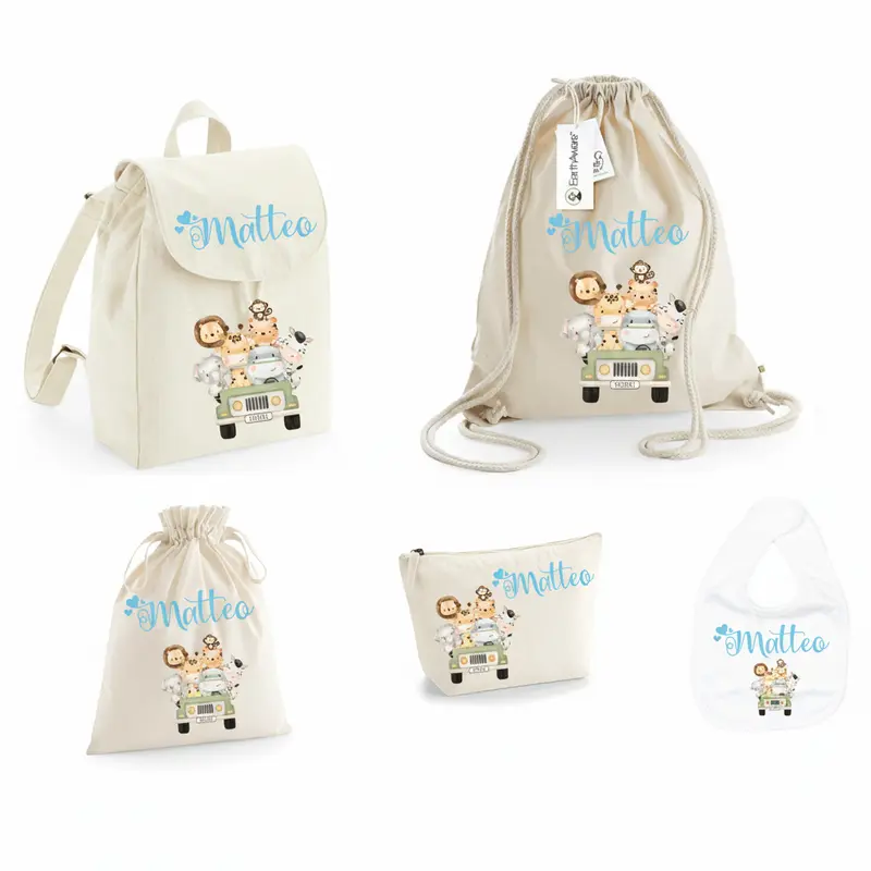 SUPER Set Asilo Completo Personalizzato – Mini Zaino, Sacchetto Beauty Bambino Safari Verde