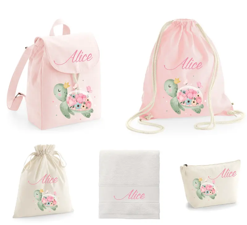 SUPER Set Asilo Completo Personalizzato – Mini Zaino, Sacchetto Beauty Bambino Tartaruga Fiori