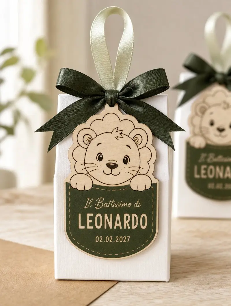 Tag Battesimo Personalizzato in Legno con Animaletto nel Taschino