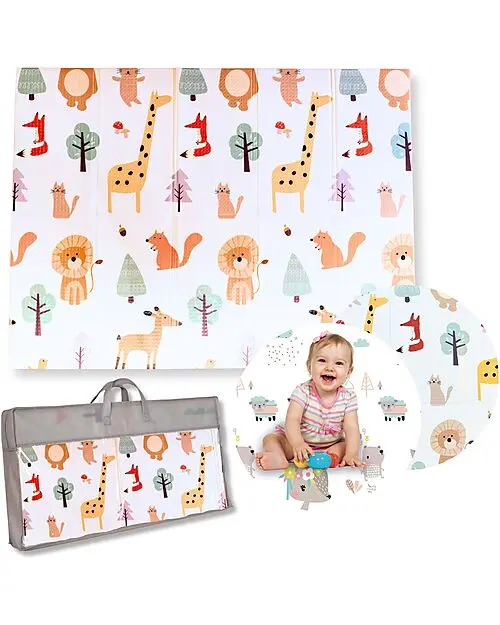 Tappeto Gioco Pieghevole Montessori 2 in 1 Reversibile e Morbido - Animal Friends - 180x150cm - dalla Nascita