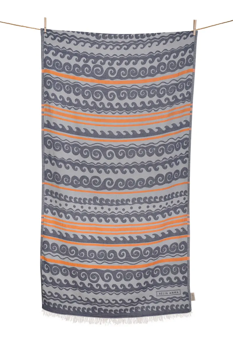 Telo Mare Cotone Yialos Navy Blu, Arancione e Naturale – Leggero e Asciugatura Rapida