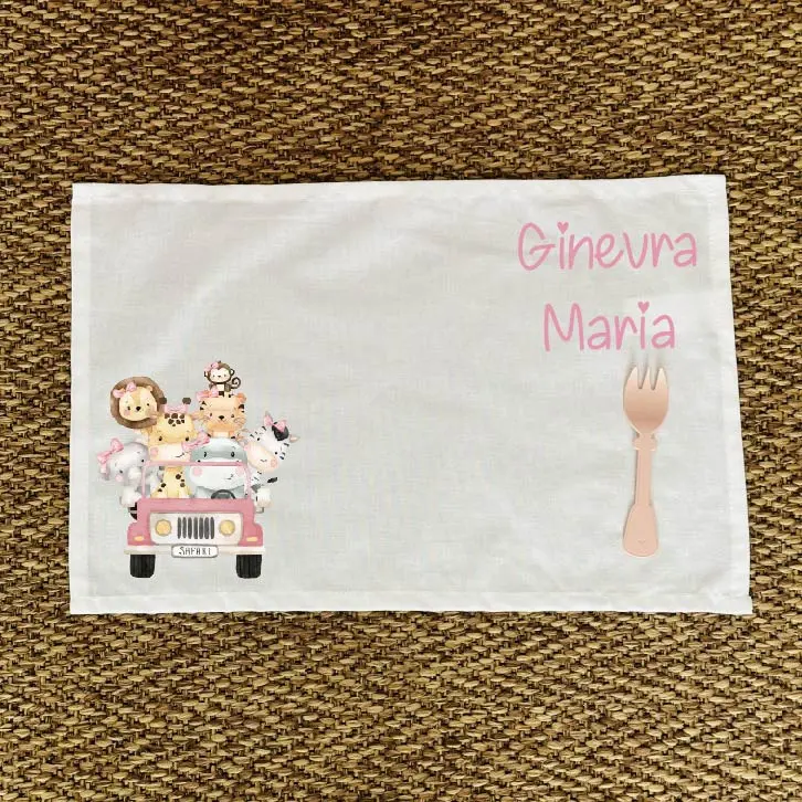 Tovaglietta Asilo Bambino Personalizzata – Set Pappa con Nome Safari Rosa