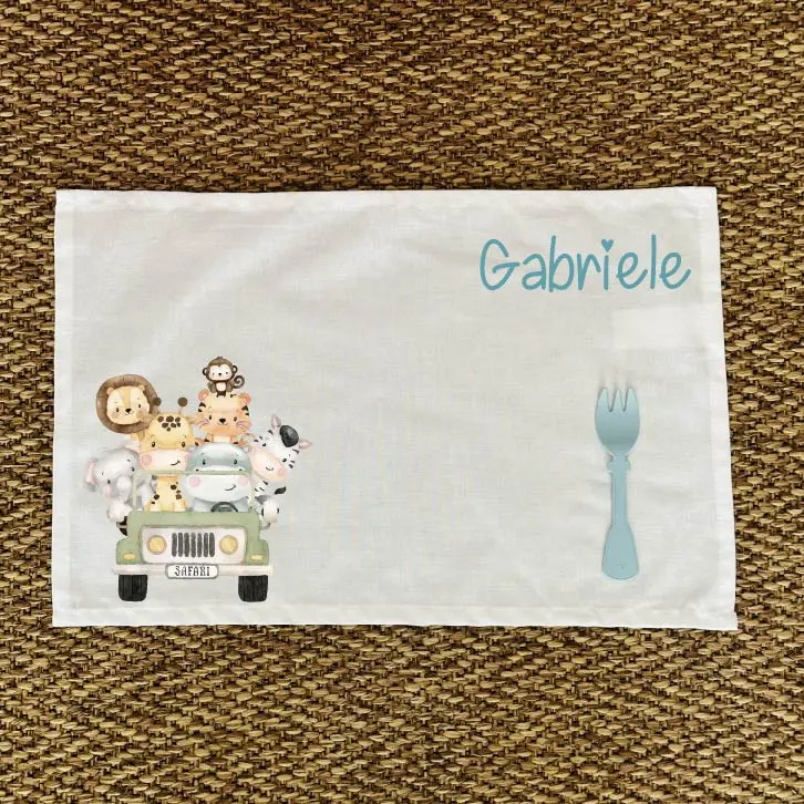 Tovaglietta Asilo Bambino Personalizzata – Set Pappa con Nome Safari verde