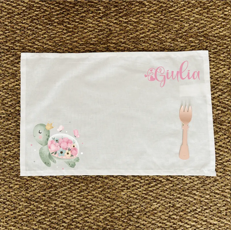 Tovaglietta Asilo Bambino Personalizzata – Set Pappa con Nome Tartaruga Fiori