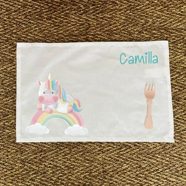 Tovaglietta Asilo Bambino Personalizzata – Set Pappa con Nome Unicorno Arcobaleno