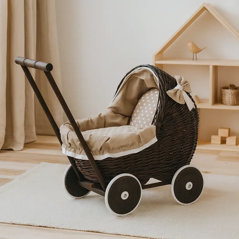 Wicker Doll Pram - Dark Painted – Beige Bedding
