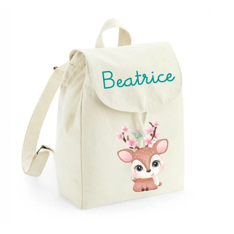 Zaino Asilo Bambino Personalizzato – Mini Zainetto con Nome Cerbiatto fiori di pesco