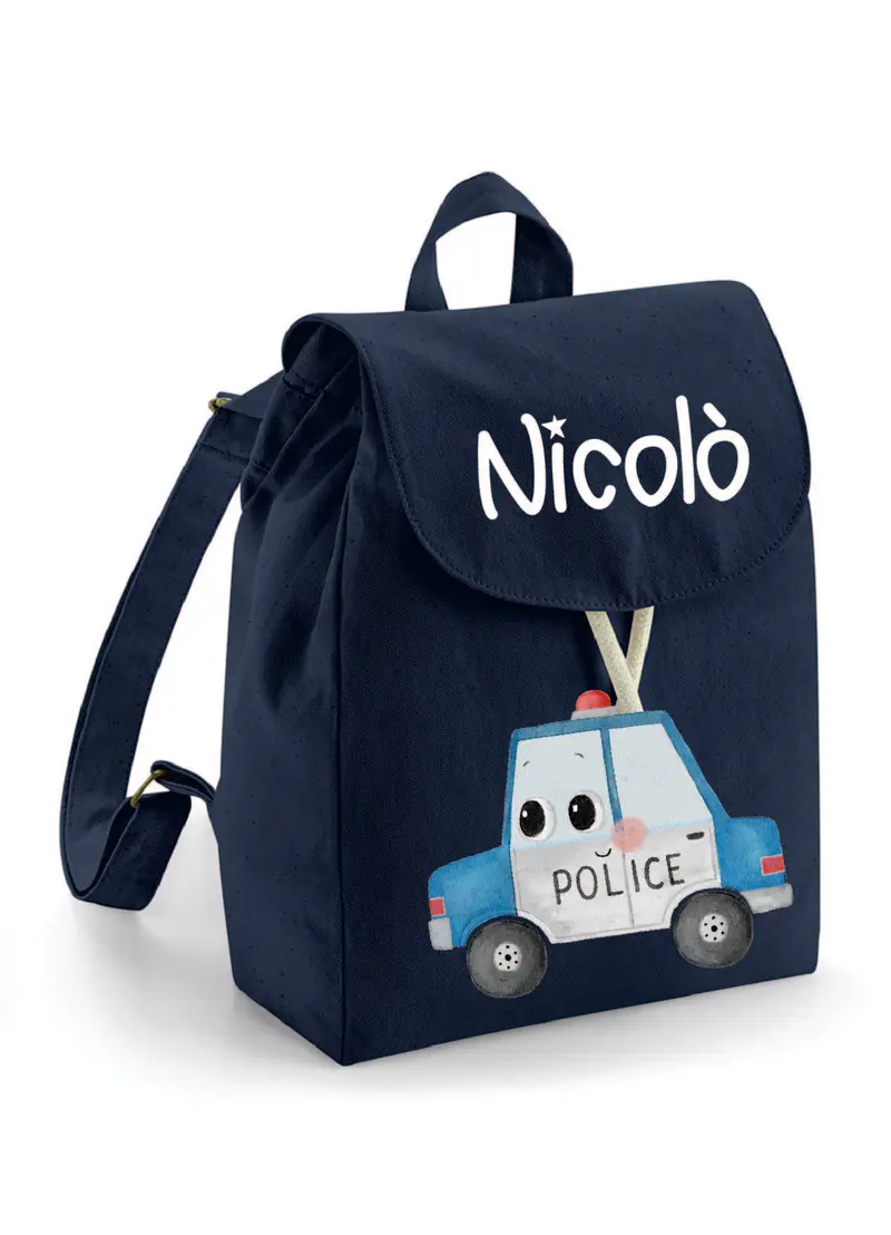 Zaino Asilo Bambino Personalizzato – Mini Zainetto con Nome  Macchina Polizia