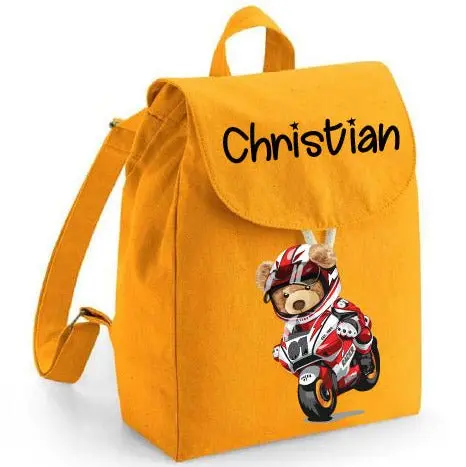 Zaino Asilo Bambino Personalizzato – Mini Zainetto con Nome Orsetto In Moto